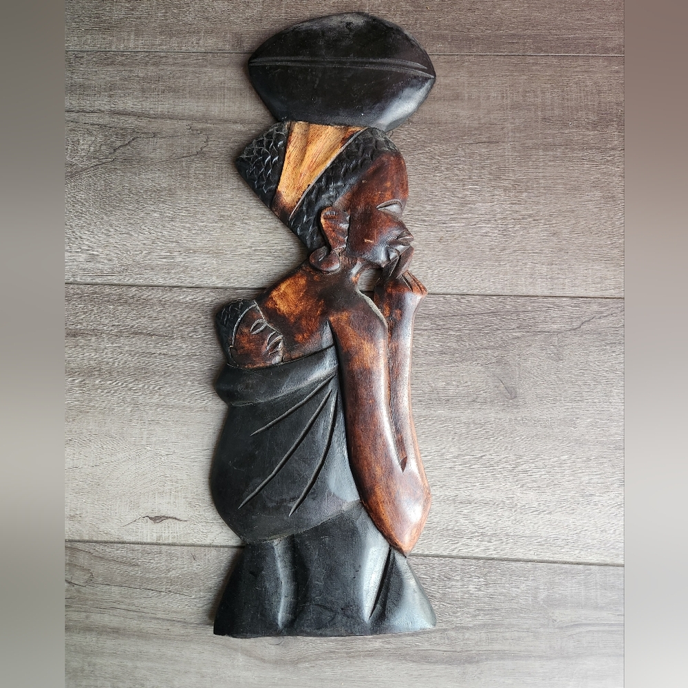 VTG Hand Carved Wooden African Art Women & Baby Made in Ghana 21" Wall Decor